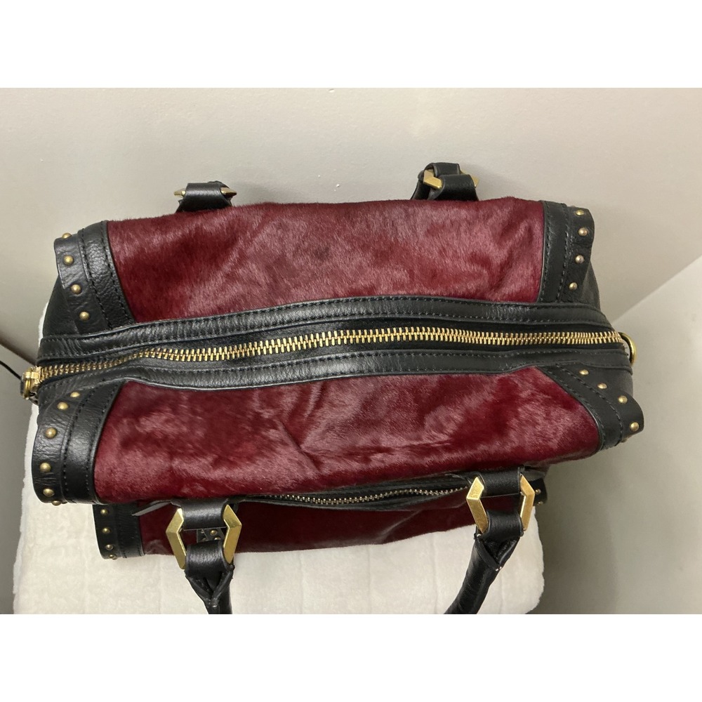 OrYANY Burgundy Cow Hair and Black Leather Studded Satchel Handbag Gold Hardware - Picture 3 of 10